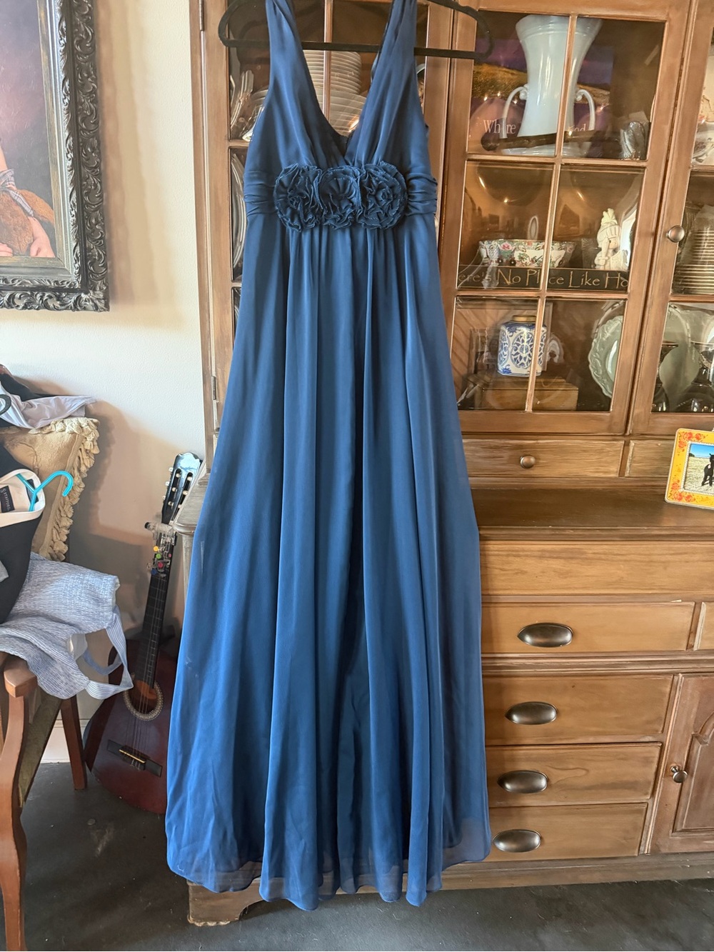 Adrianna Papell Deep Navy V-Neck Chiffon Maxi Dress with Rosette Waist
